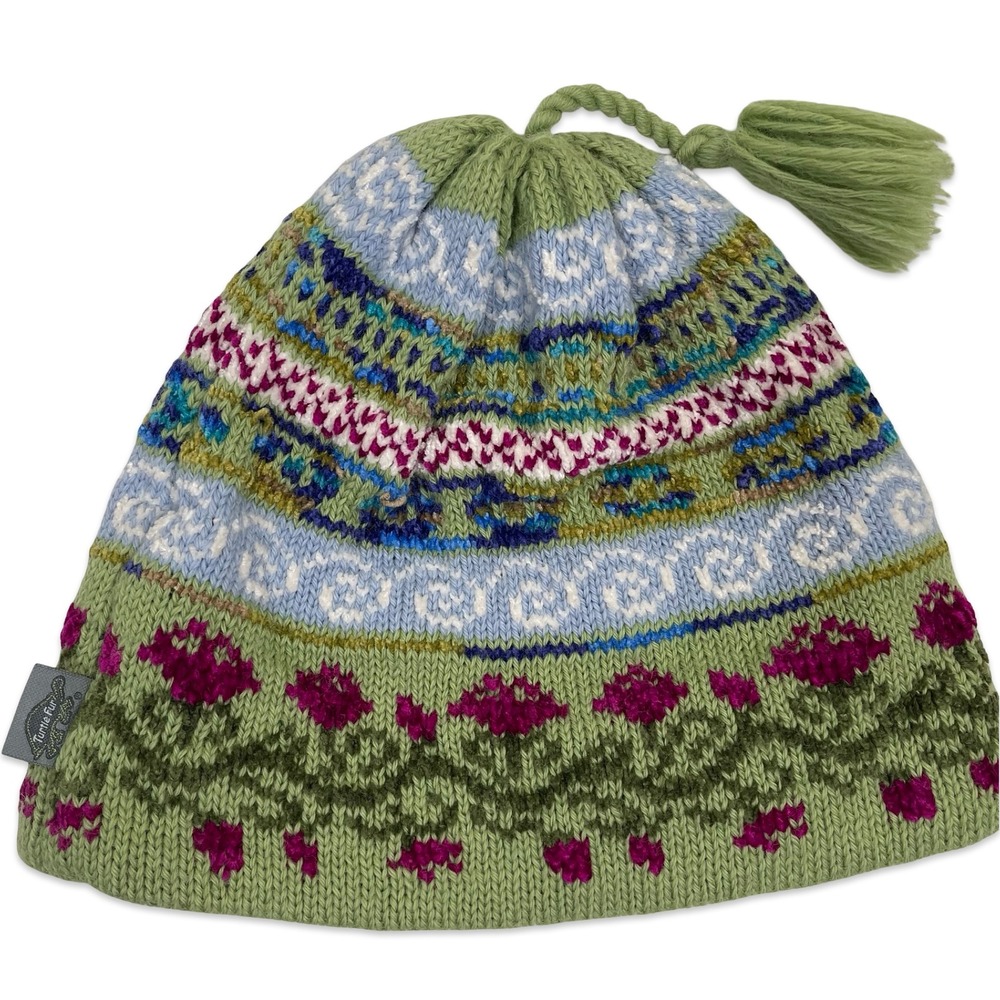 Turtle Fur Beanie Hat Womens OS Green Floral Fair Isle Wool Blend Tassel Fleece